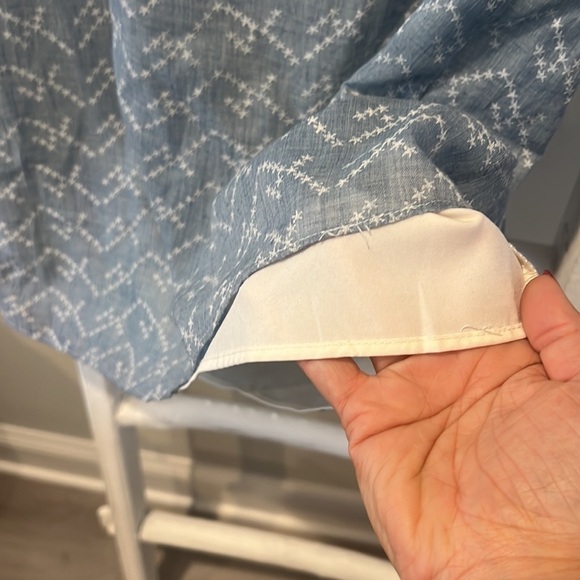 𝅺aqua chambray off the shoulder print boho linen blend dtess large - Picture 10 of 10